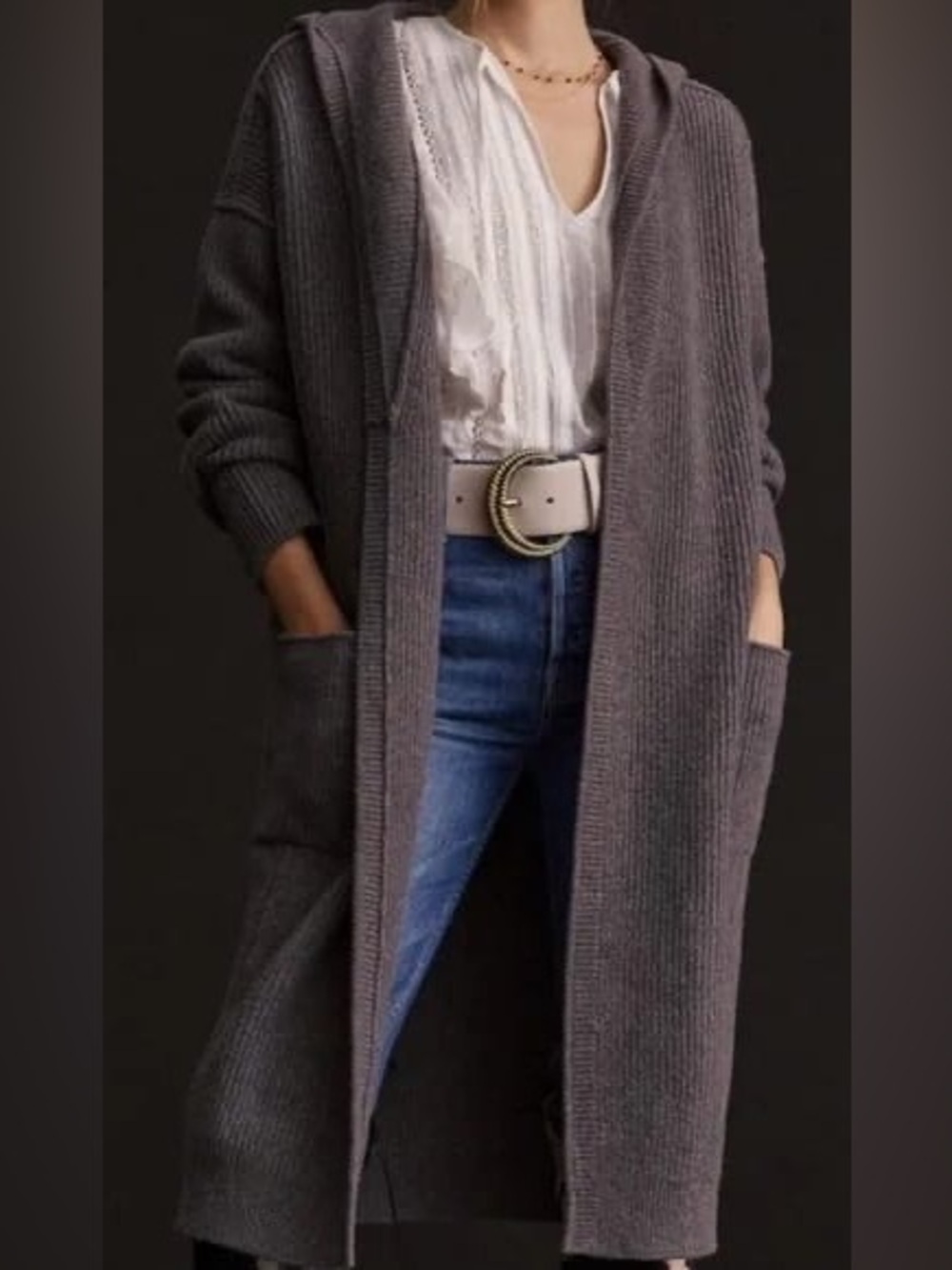 Pilcro Long Open-Front Ribbed Cardigan in Charcoal Gray